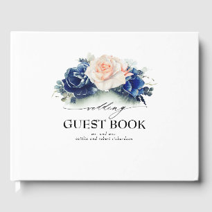 Navy Blue and Peach Watercolor Flowers Wedding Guest Book