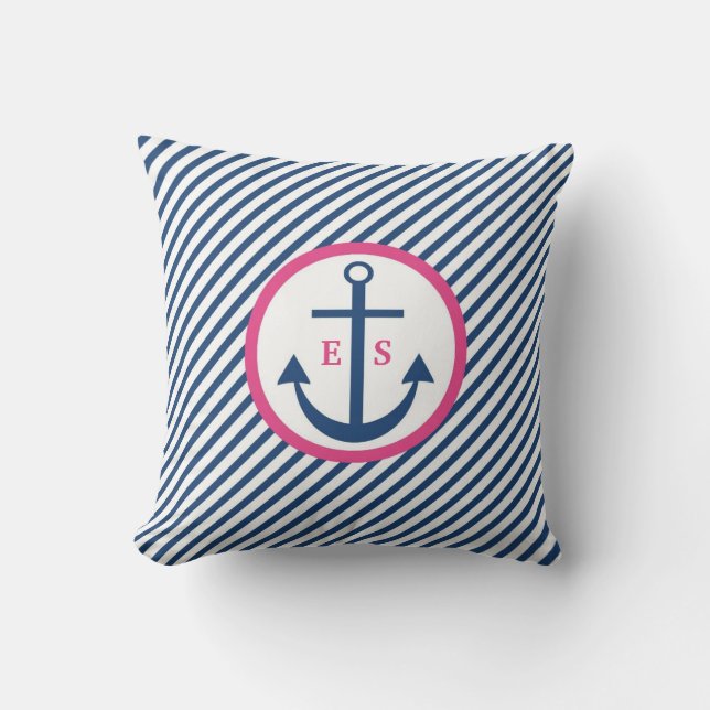 Navy Blue and Pink Anchor Monogram Pillow (Front)