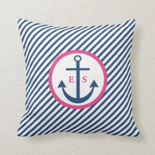 Navy Blue and Pink Anchor Monogram Pillow