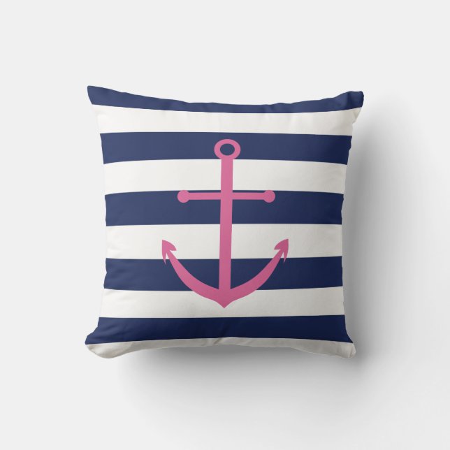 Navy Blue and Pink Anchor Pillow (Front)