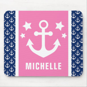 Navy Blue and Pink Anchors Nautical Pattern Mouse Pad