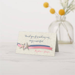 Navy Blue and Pink Beach Starfish and Ribbon Place Card