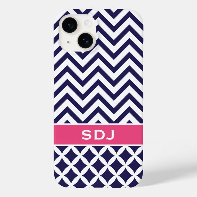 Navy Blue and Pink Chevron Custom Monogram Case-Mate iPhone Case (Back)