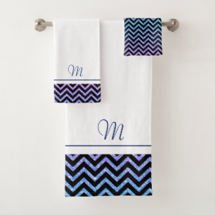 Navy-blue and pink chevron monogram bath towel set