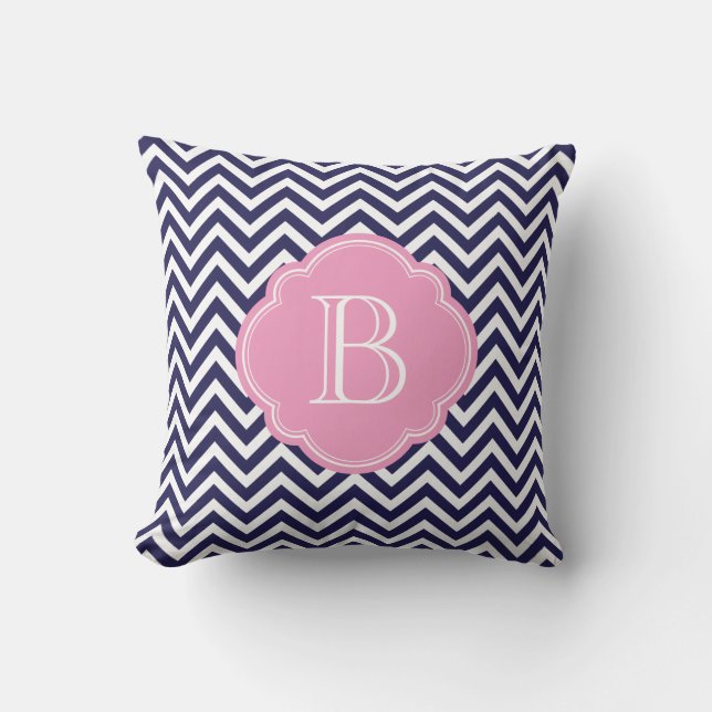 Navy Blue and Pink Chevron Stripes Custom Monogram Cushion (Front)