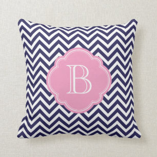 Navy Blue and Pink Chevron Stripes Custom Monogram Cushion