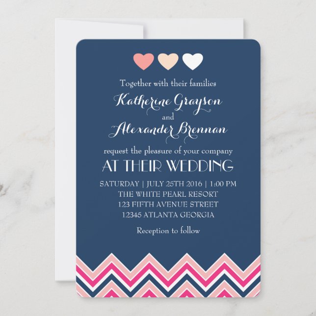 Navy Blue and Pink Chevron Wedding Invitation Love (Front)