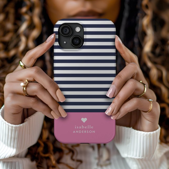 Navy Blue and Pink Chic Stripes Heart Monogram Case-Mate iPhone Case (Creator Uploaded)