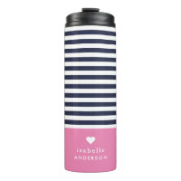 Navy Blue and Pink Chic Stripes Heart Monogram