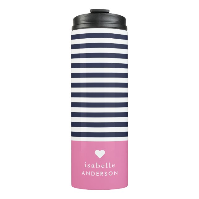 Navy Blue and Pink Chic Stripes Heart Monogram Thermal Tumbler (Front)