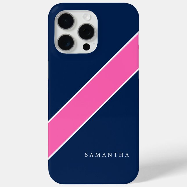 Navy Blue and Pink Diagonal Stripe Personalised Case-Mate iPhone Case (Back)