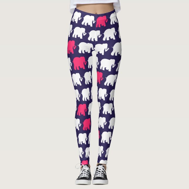Navy blue and pink elephants design leggings (Front)