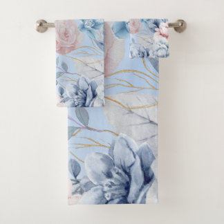 Navy Blue And Pink Floral Bath Towel Set