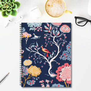 Navy Blue and Pink Floral Birds Pattern Notebook