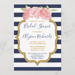 Navy blue and pink floral bridal shower invitation