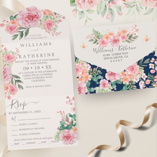 Navy Blue and pink floral Budget Wedding All In One Invitation (Creator Uploaded)