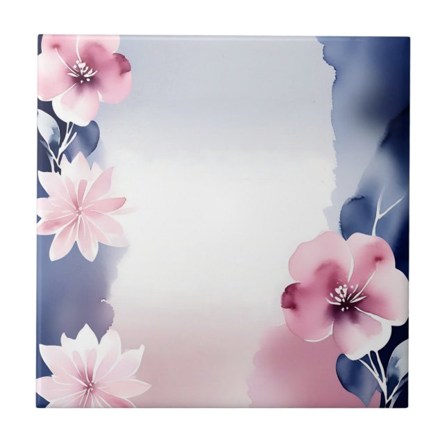 Navy Blue and Pink Floral Ceramic Tile (Front)