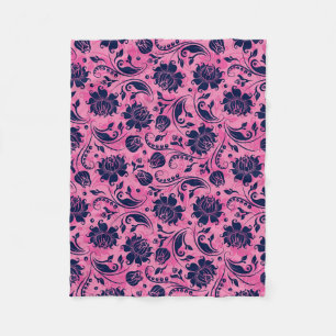 Navy-Blue And Pink Floral Damasks Fleece Blanket