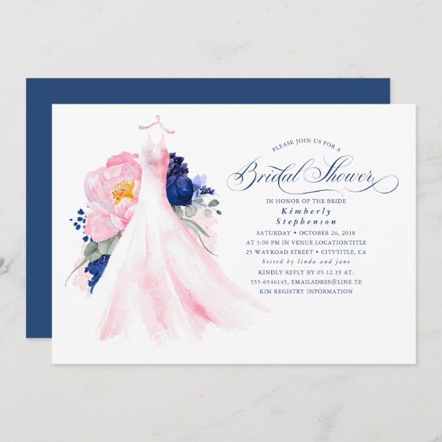 Navy Blue and Pink Floral Dress Bridal Shower Invitation (Front/Back)
