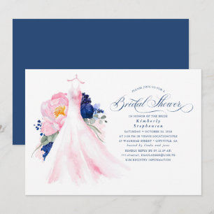 Navy Blue and Pink Floral Dress Bridal Shower Invitation
