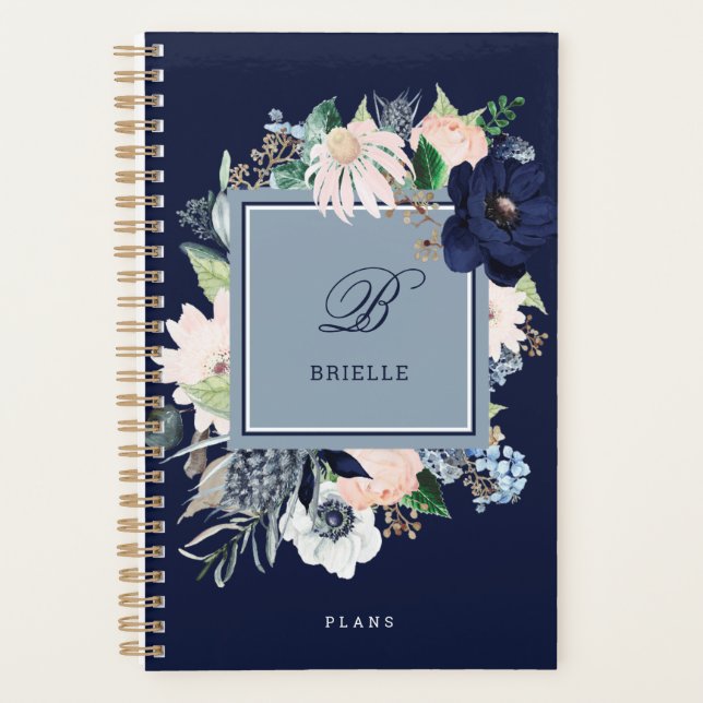 Navy Blue and Pink Floral | Name and Monogram Planner (Front)