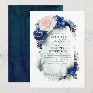Navy Blue and Pink Floral Vintage Birthday Invitation