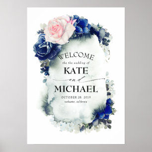 Navy Blue and Pink Floral Vintage Wedding Welcome Poster