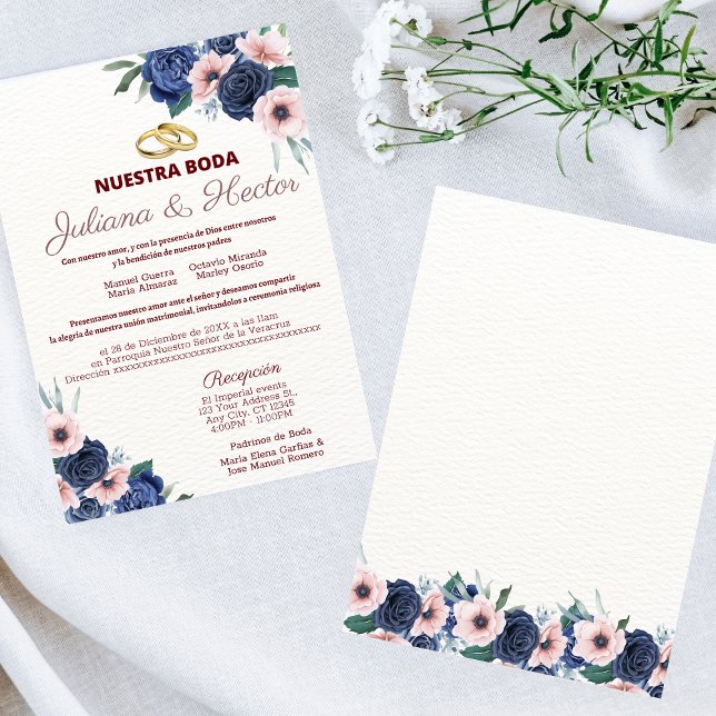 Navy Blue and Pink Floral Wedding Invitation (Creator Uploaded)