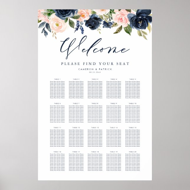Navy Blue and Pink Floral Wedding Seating Chart (Front)