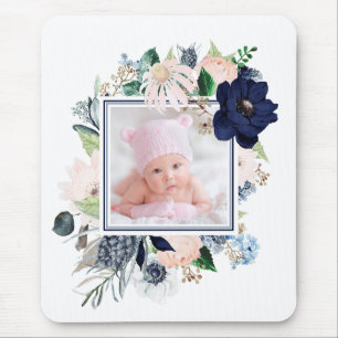 Navy Blue and Pink Floral with your Photo Mouse Pad