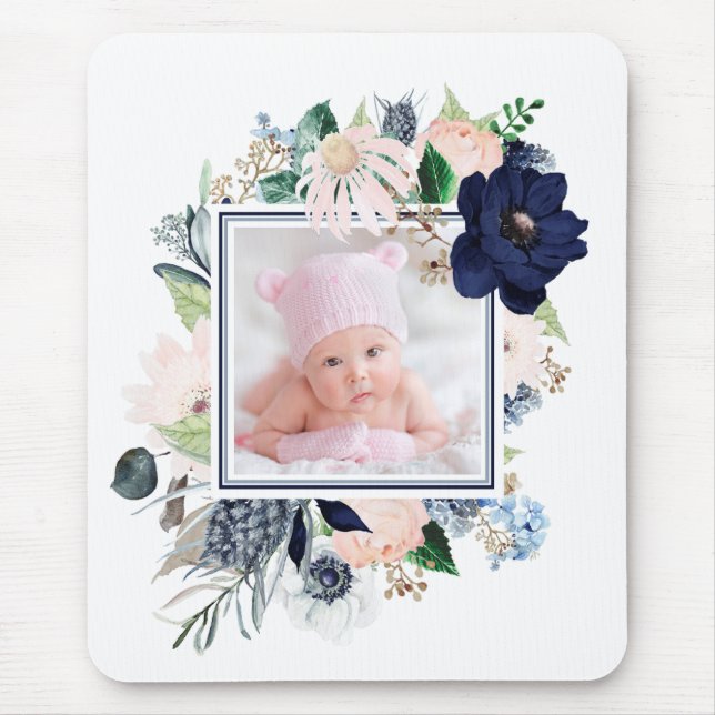 Navy Blue and Pink Floral with your Photo Mouse Pad (Front)