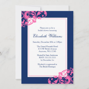 Navy Blue and Pink Flourish Swirls Bridal Shower Invitation