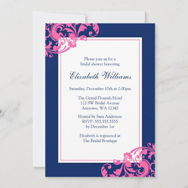 Navy Blue and Pink Flourish Swirls Bridal Shower Invitation (Front)