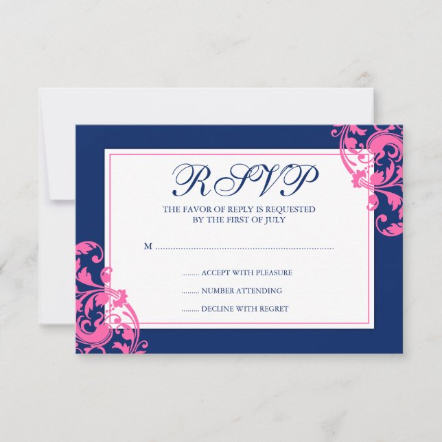 Navy Blue and Pink Flourish Swirls Response Card (Front)