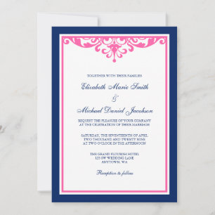 Navy Blue and Pink Flourish Wedding Invitations