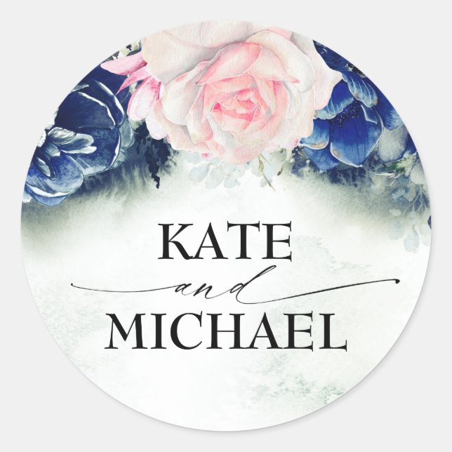 Navy Blue and Pink Flowers Elegant Modern Classic Round Sticker (Front)