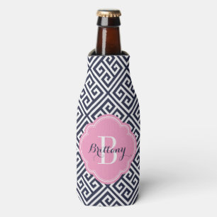 Navy Blue and Pink Greek Key Monogram Bottle Cooler