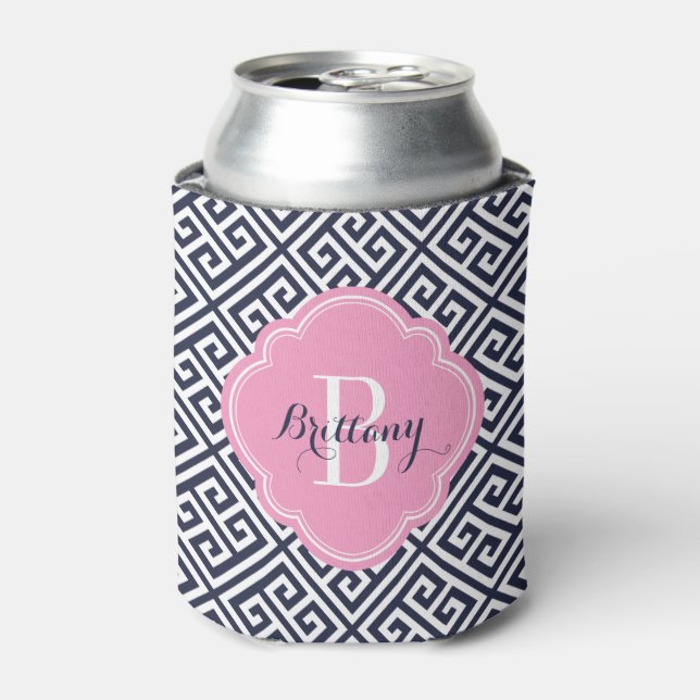 Navy Blue and Pink Greek Key Monogram Can Cooler (Can Front)