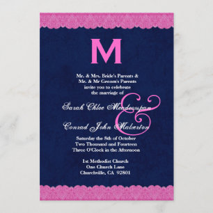 Navy Blue and Pink Lace Monogram Wedding G112 Invitation