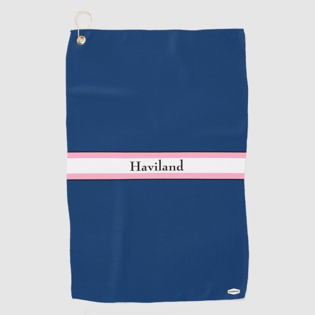 Navy Blue and Pink Personalised Golf Towel HAMbWG (Front)