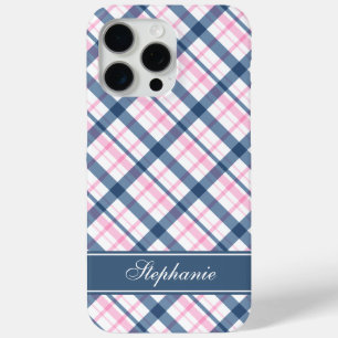Navy Blue and PInk Plaid Pattern iPhone 15 Pro Max Case