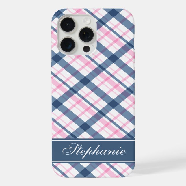 Navy Blue and PInk Plaid Pattern iPhone Case (Back)