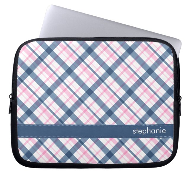 Navy Blue and PInk Plaid Pattern Laptop Sleeve (Front)