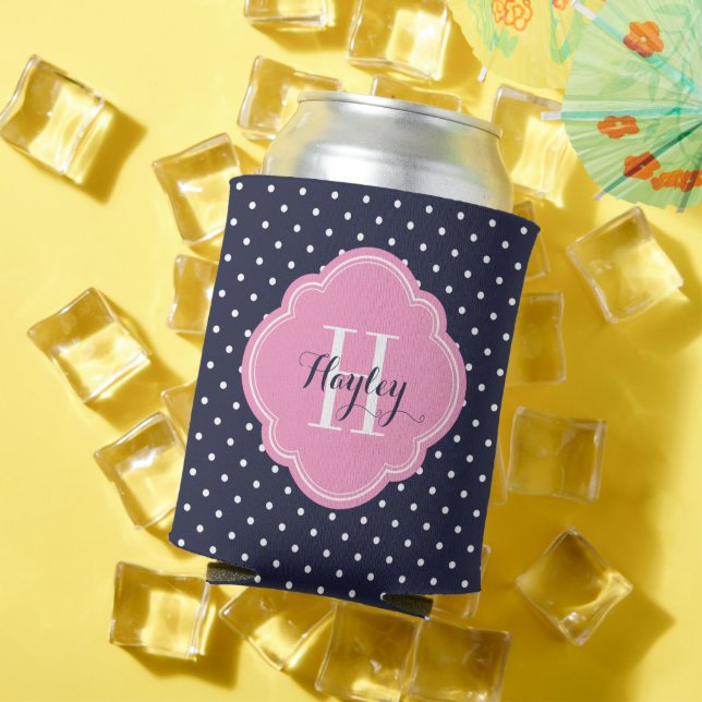 Navy Blue and Pink Polka Dots Monogram Can Cooler (In Situ Summer)