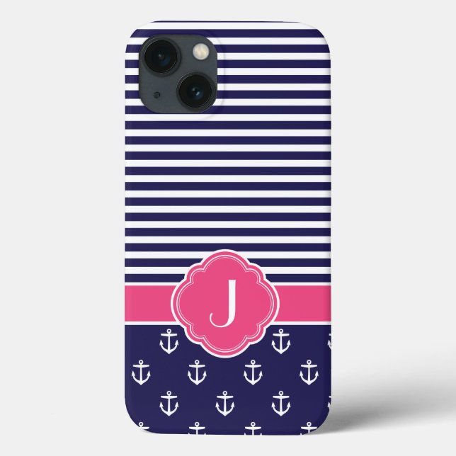 Navy Blue and Pink Preppy Nautical Monogram Case-Mate iPhone Case (Back)