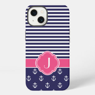 Navy Blue and Pink Preppy Nautical Monogram iPhone 13 Case