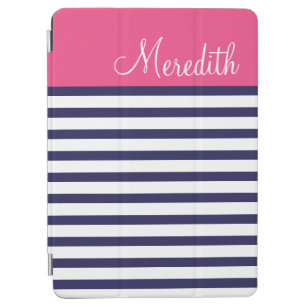 Navy Blue and Pink Preppy Stripes Custom Monogram iPad Air Cover