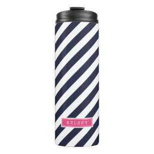 Navy Blue and Pink Preppy Stripes Monogram Thermal Tumbler