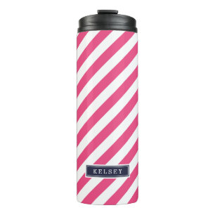 Navy Blue and Pink Preppy Stripes Monogram Thermal Tumbler