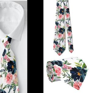 Navy Blue and Pink Roses Flowers Floral Neck Tie